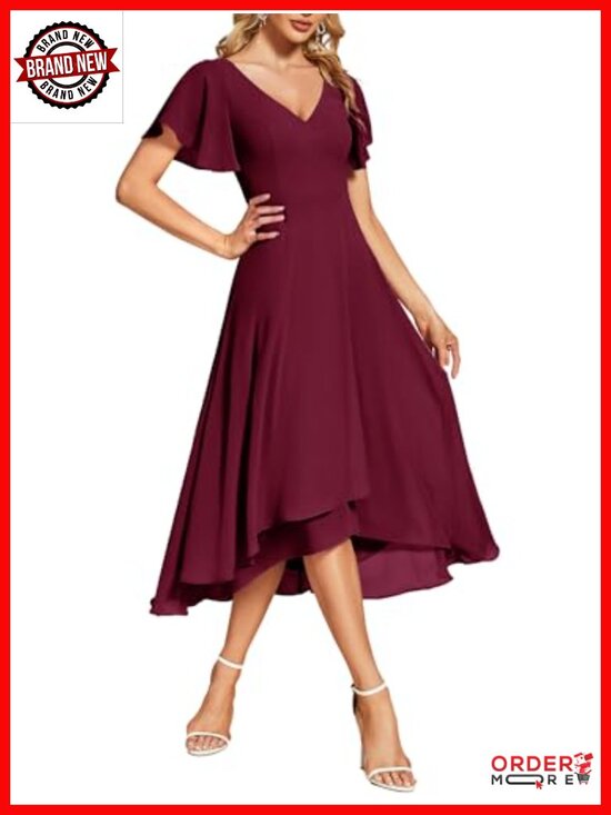 Dresses & Skirts - Elegant Chiffon V-Neck Flowy Midi Cocktail Dress